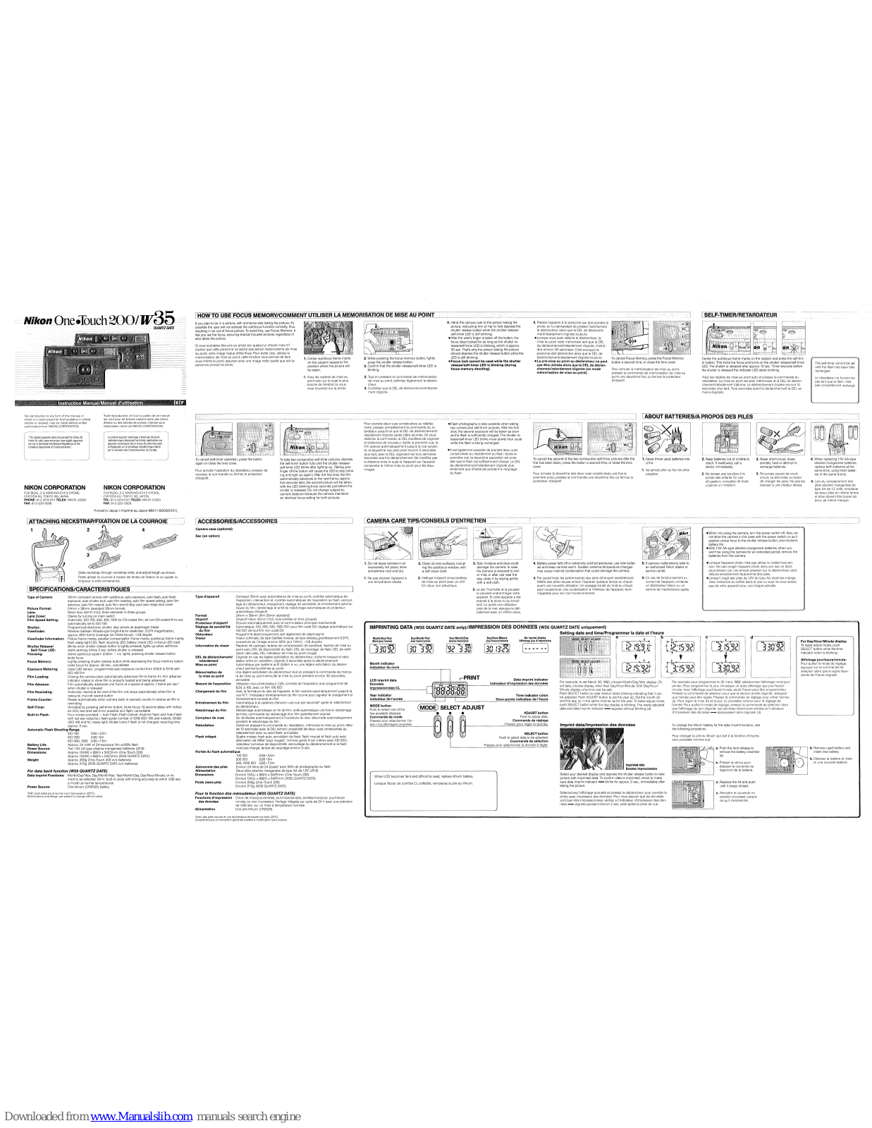 Nikon 200, One Touch 200, One Touch W35 Quartz Date User Manual