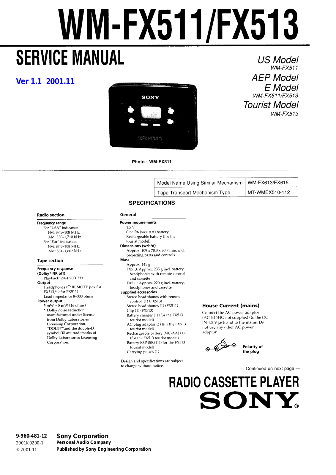 Sony WMFX-511, WMFX-513 Service manual