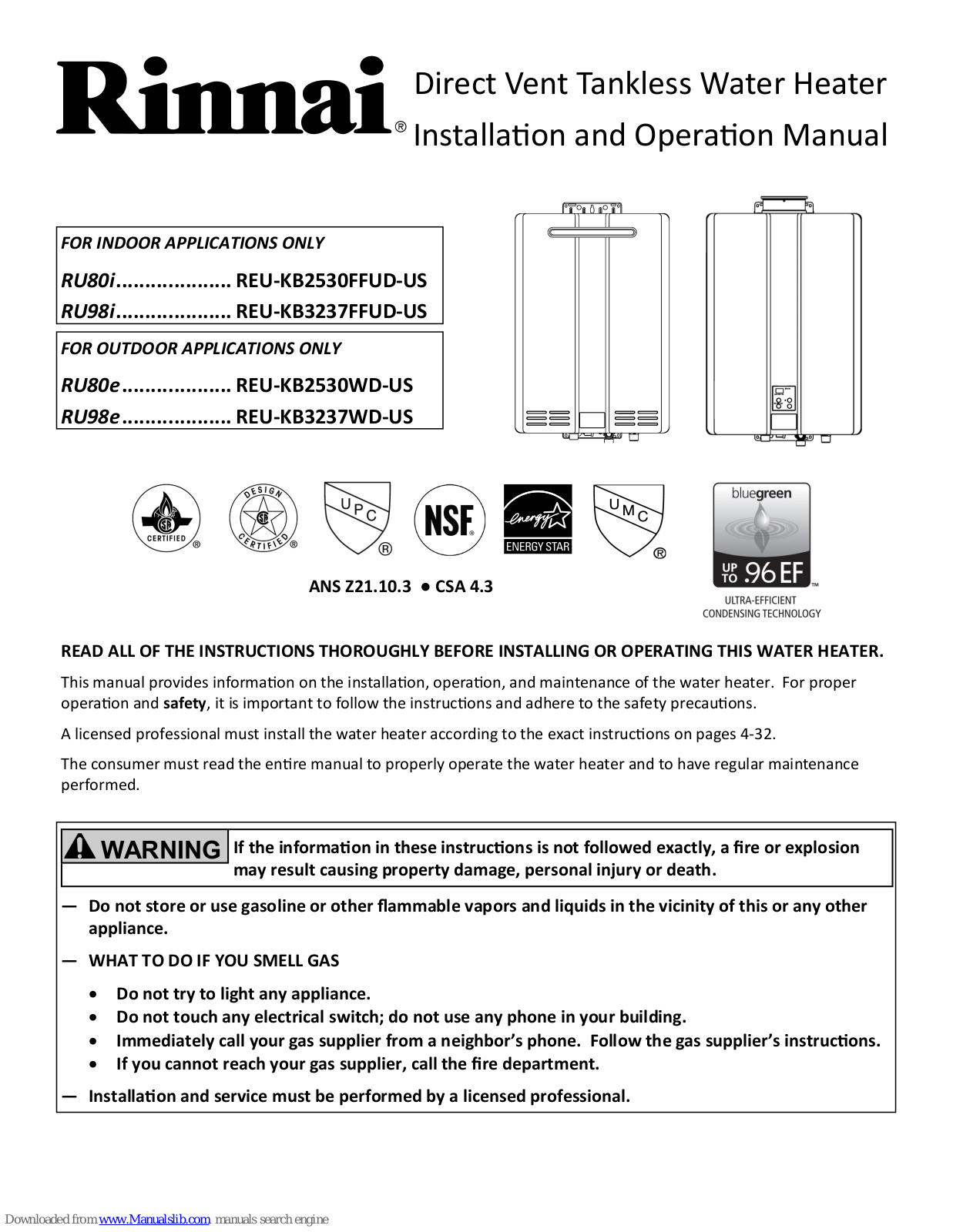 Rinnai RU98i, RU80e, RU98e, REU-KB2530FFUD-US, REU-KB3237FFUD-US Installation And Operation Manual