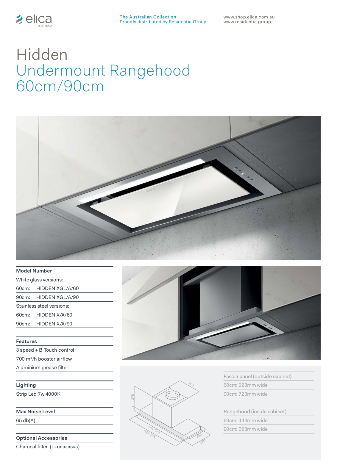 Elica HIDDENIXGLA60, HIDDENIXGLA90, HIDDENIXA60, HIDDENIXA90 Specifications Sheet