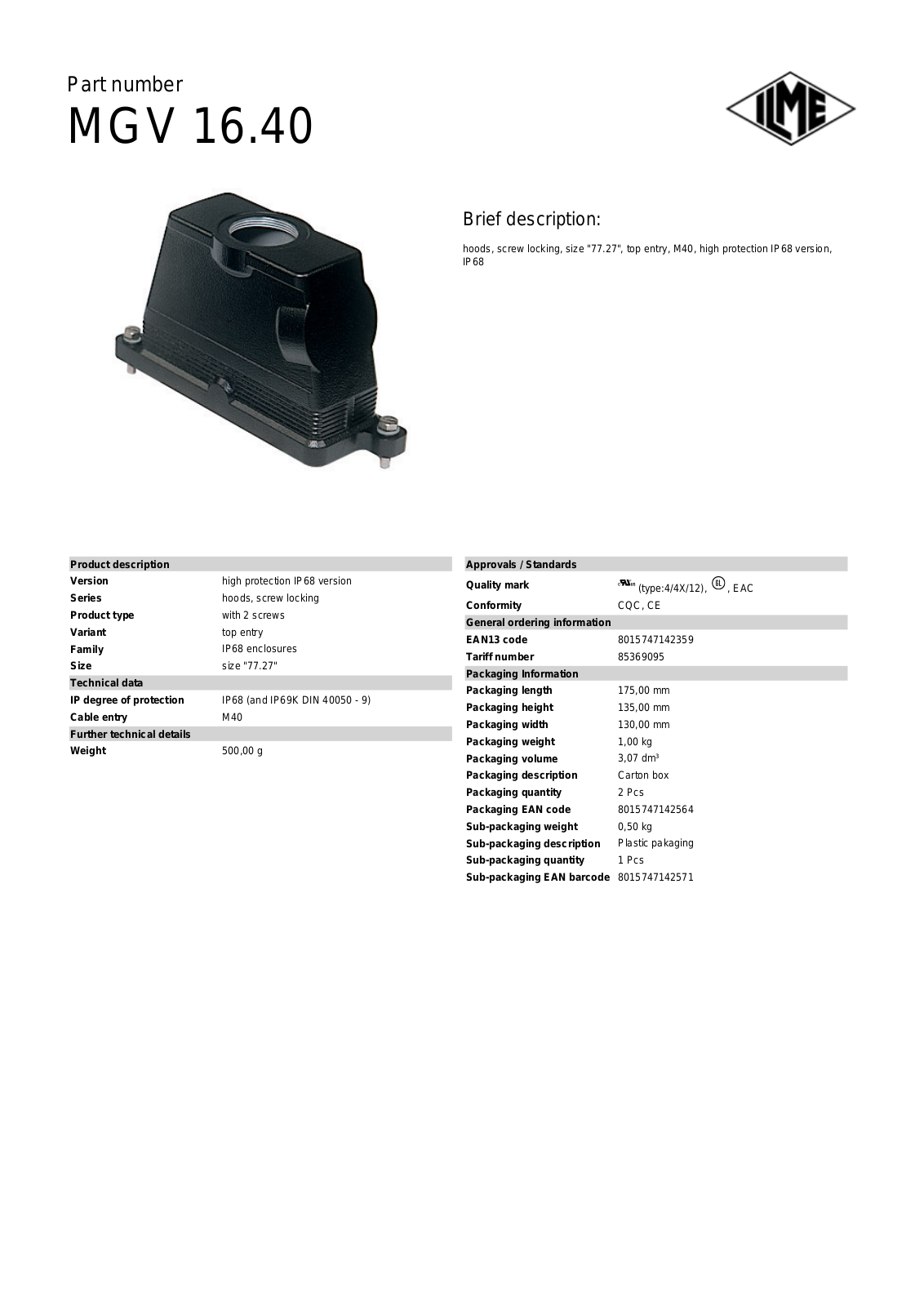 Datasheet MGV-16.40 Datasheet (ILME) - ManualMachine.com