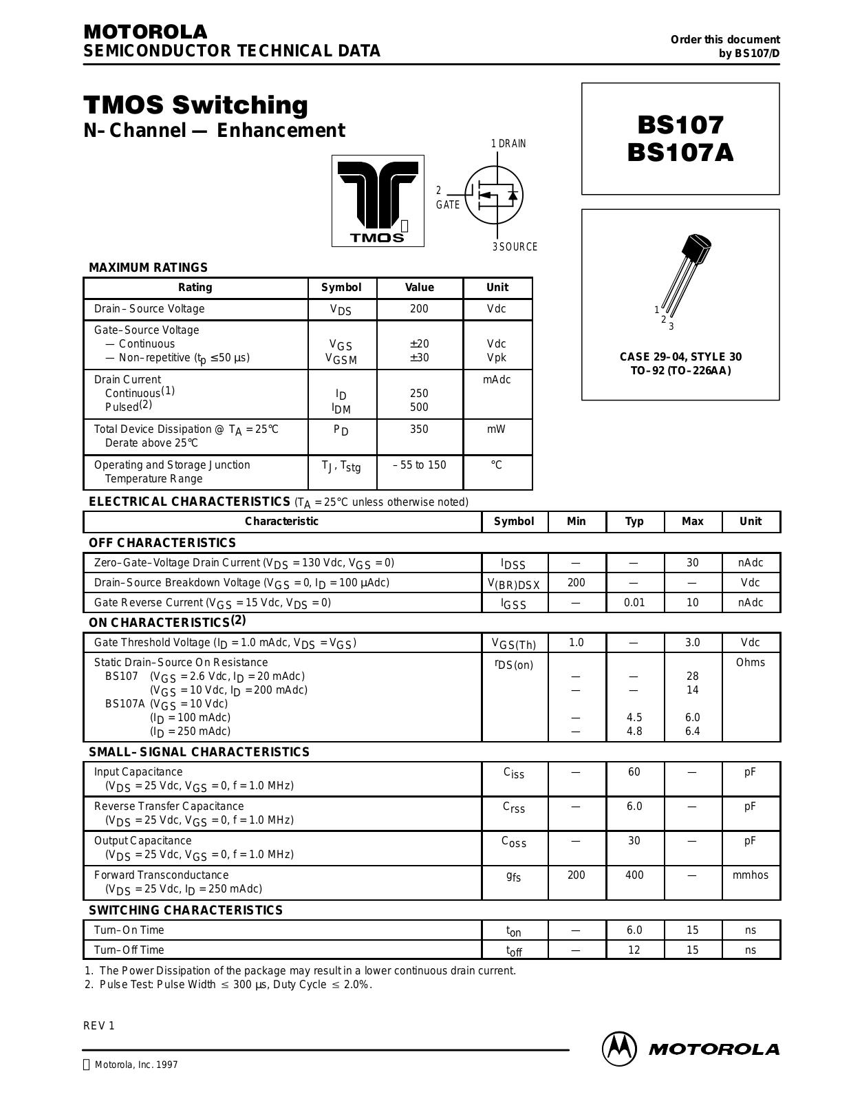 Motorola BS107A, BS107 Datasheet