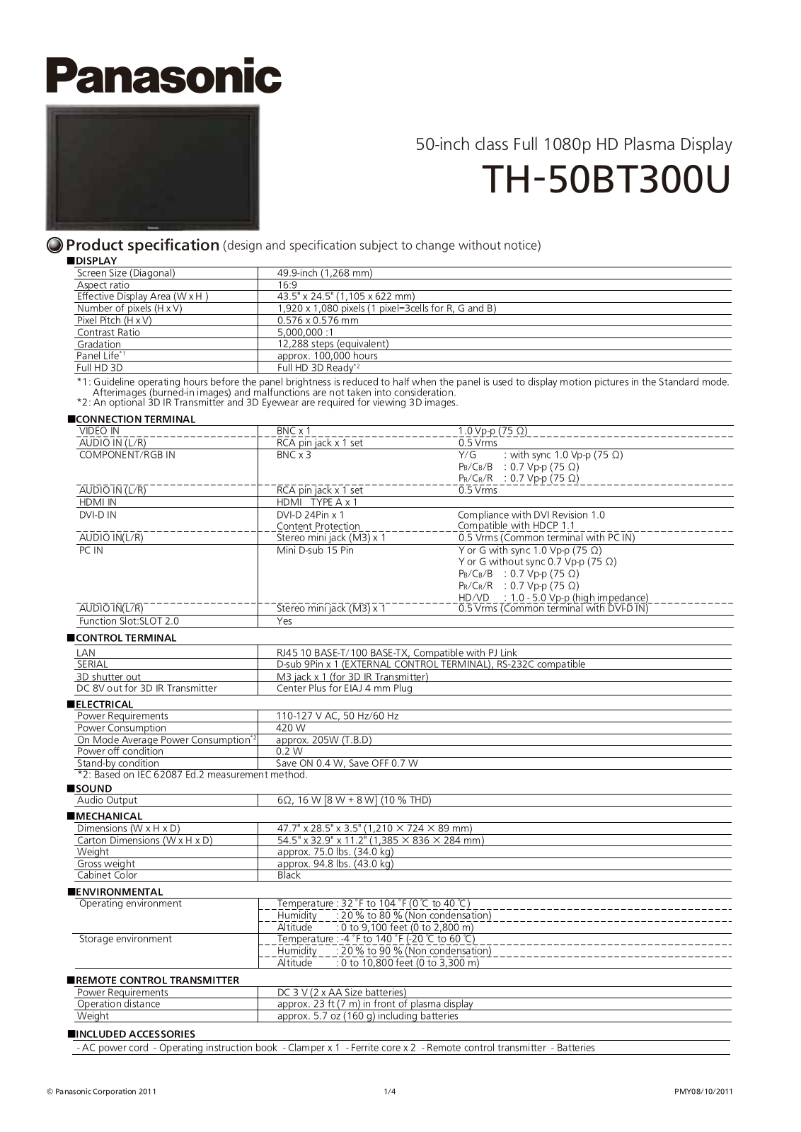Panasonic TH-50BT300U Specification