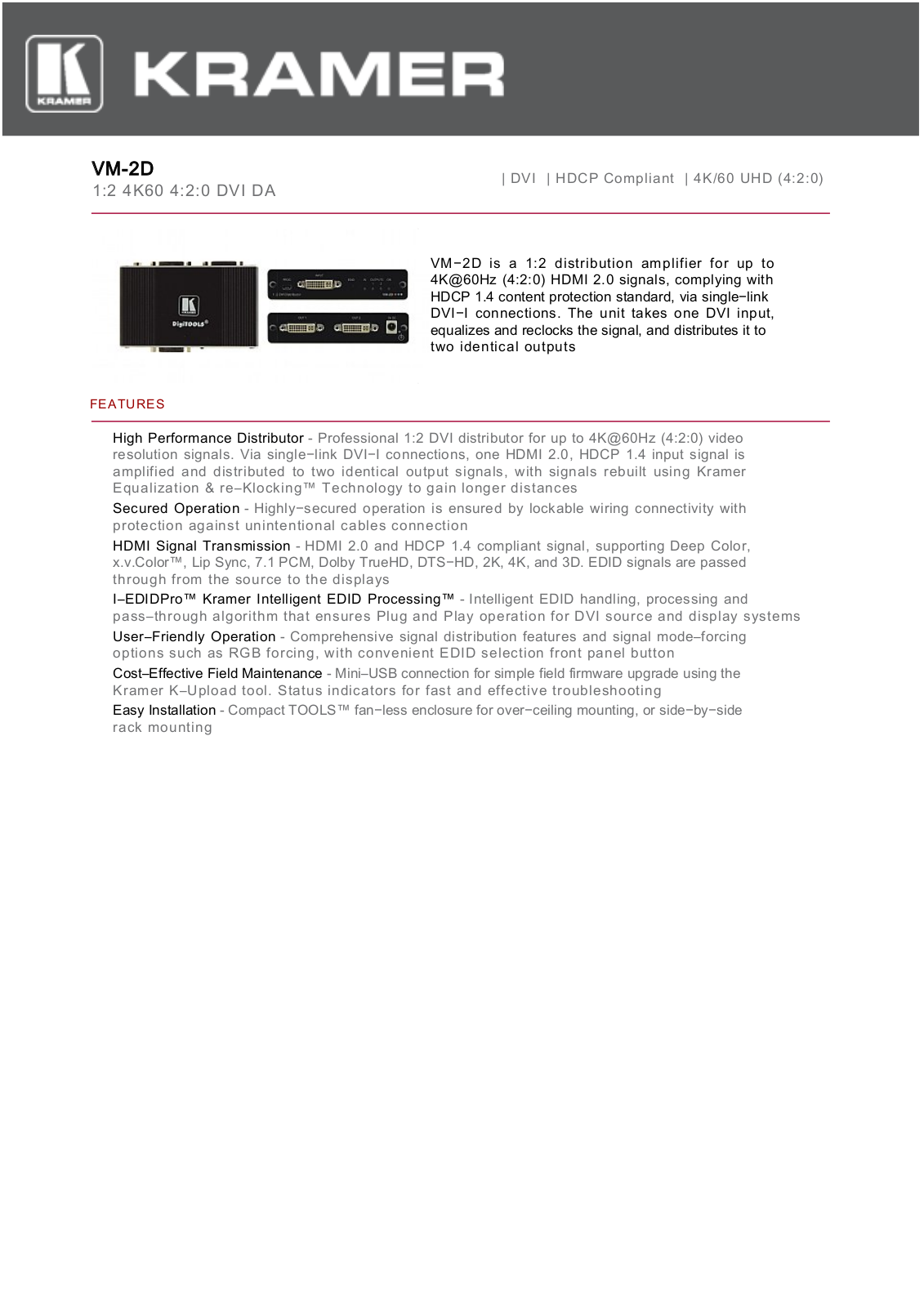 Kramer VM-2D Specifications