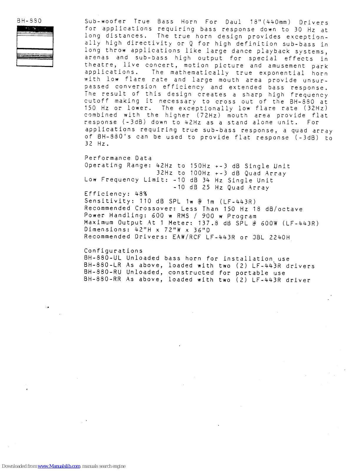 EAW BH-880 Specifications