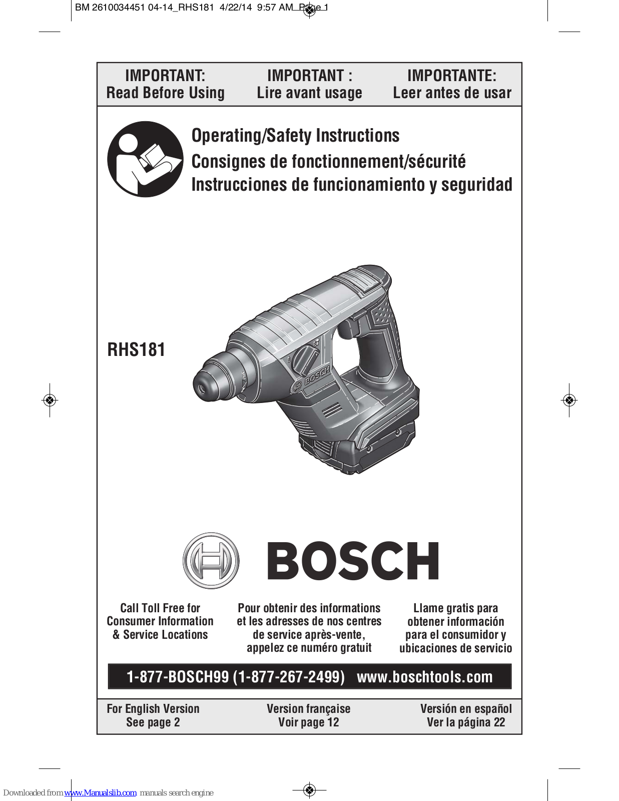 Bosch RHS181 Operating/safety Instructions Manual