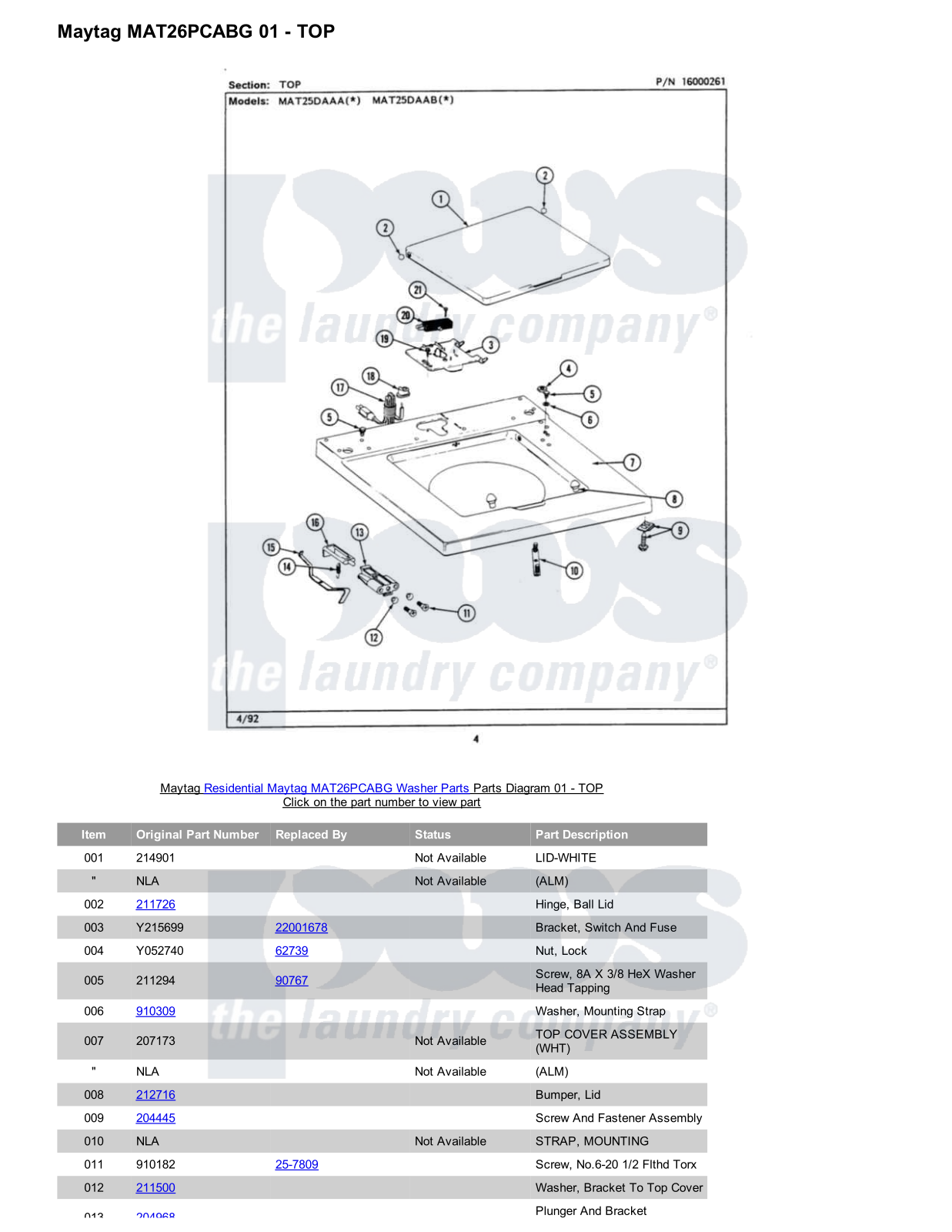 Maytag MAT26PCABG Parts Diagram