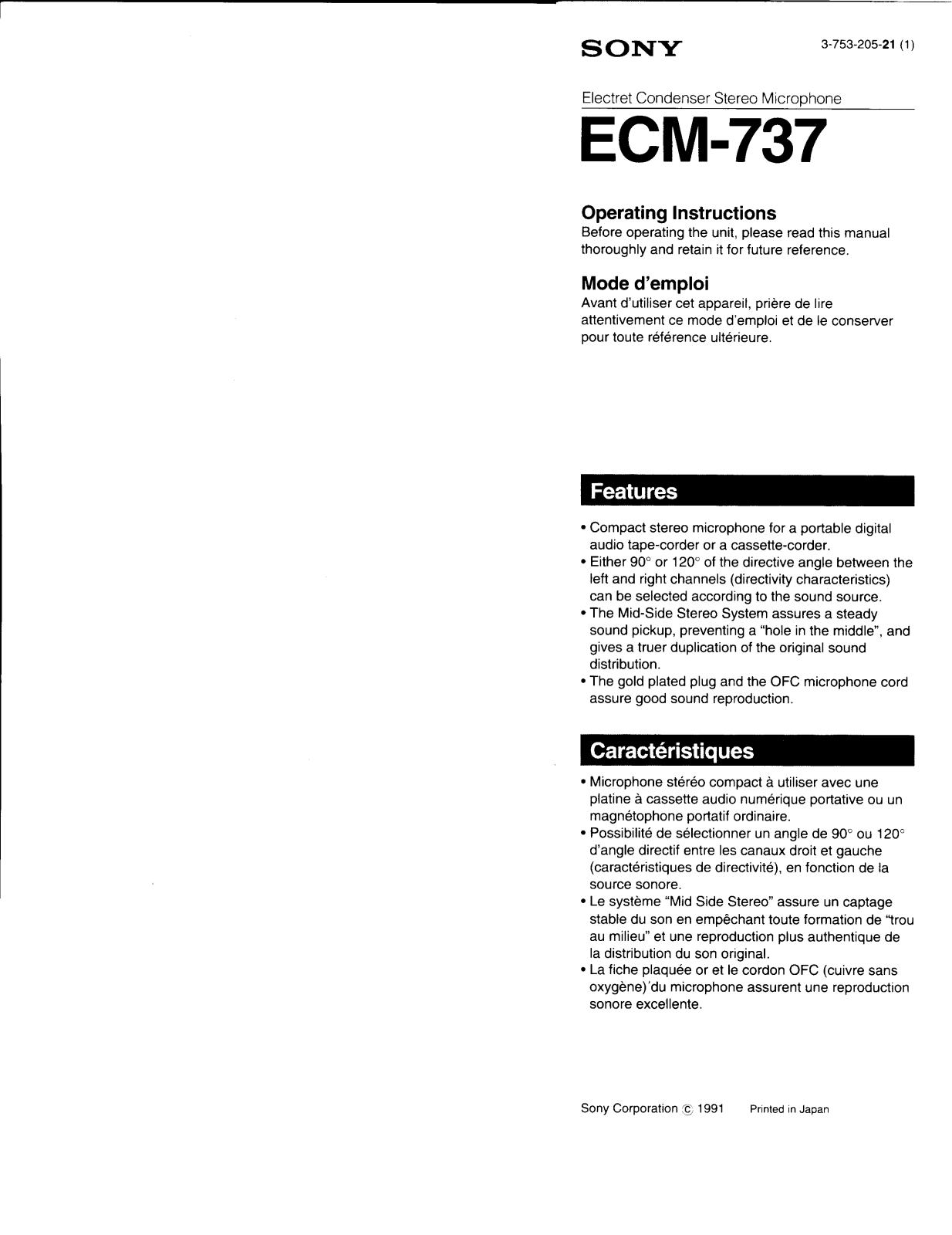 Sony ECM-737 Operating manual