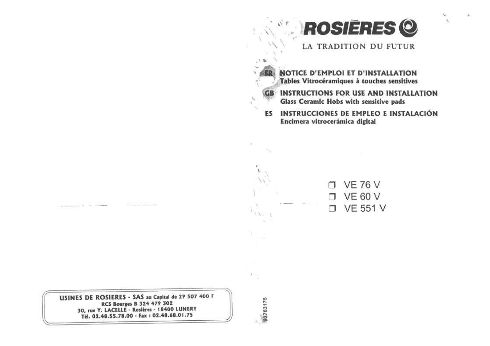 Rosieres VE 76 V, VE 551 V, VE 60 V User Manual