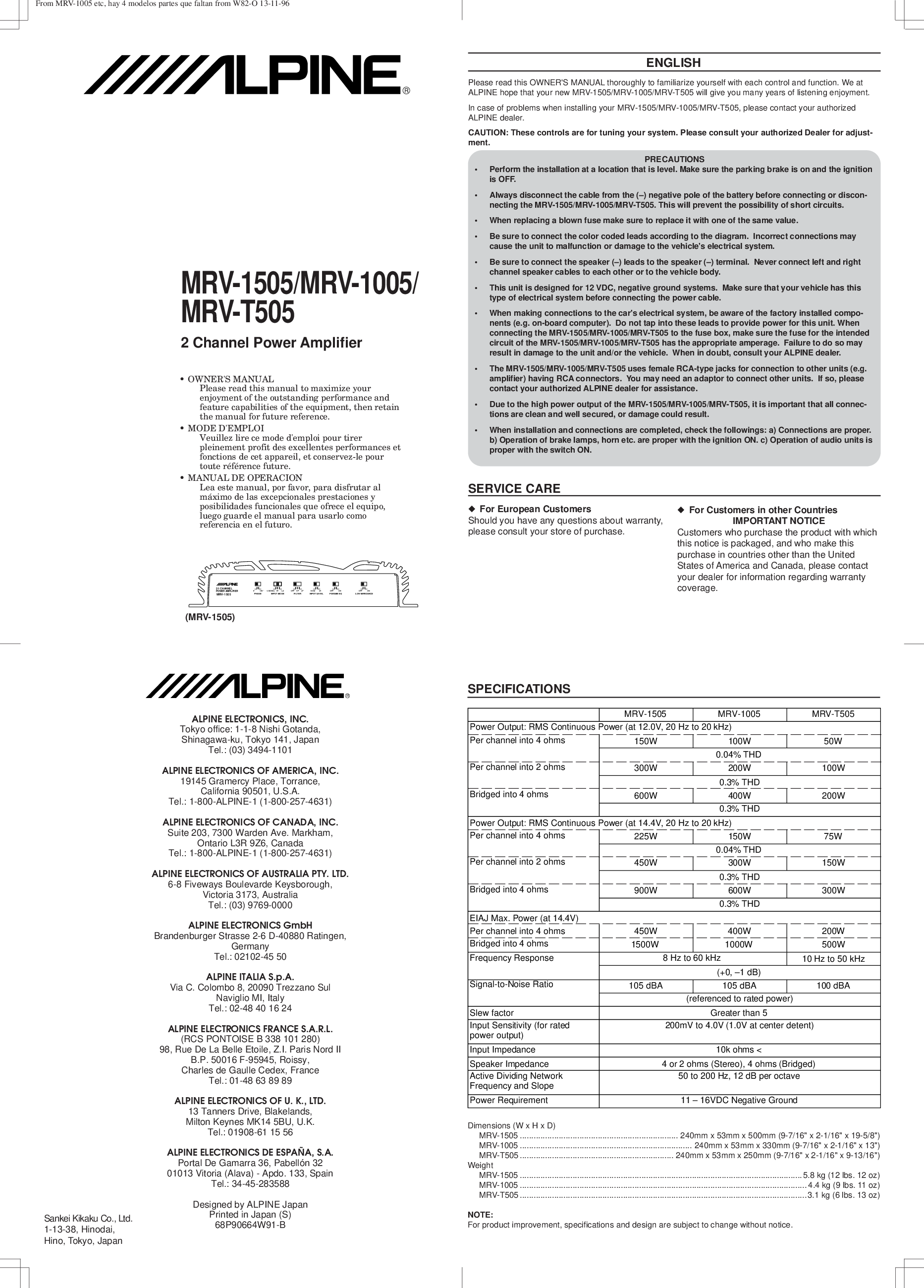 Alpine MRV-1005 User Manual