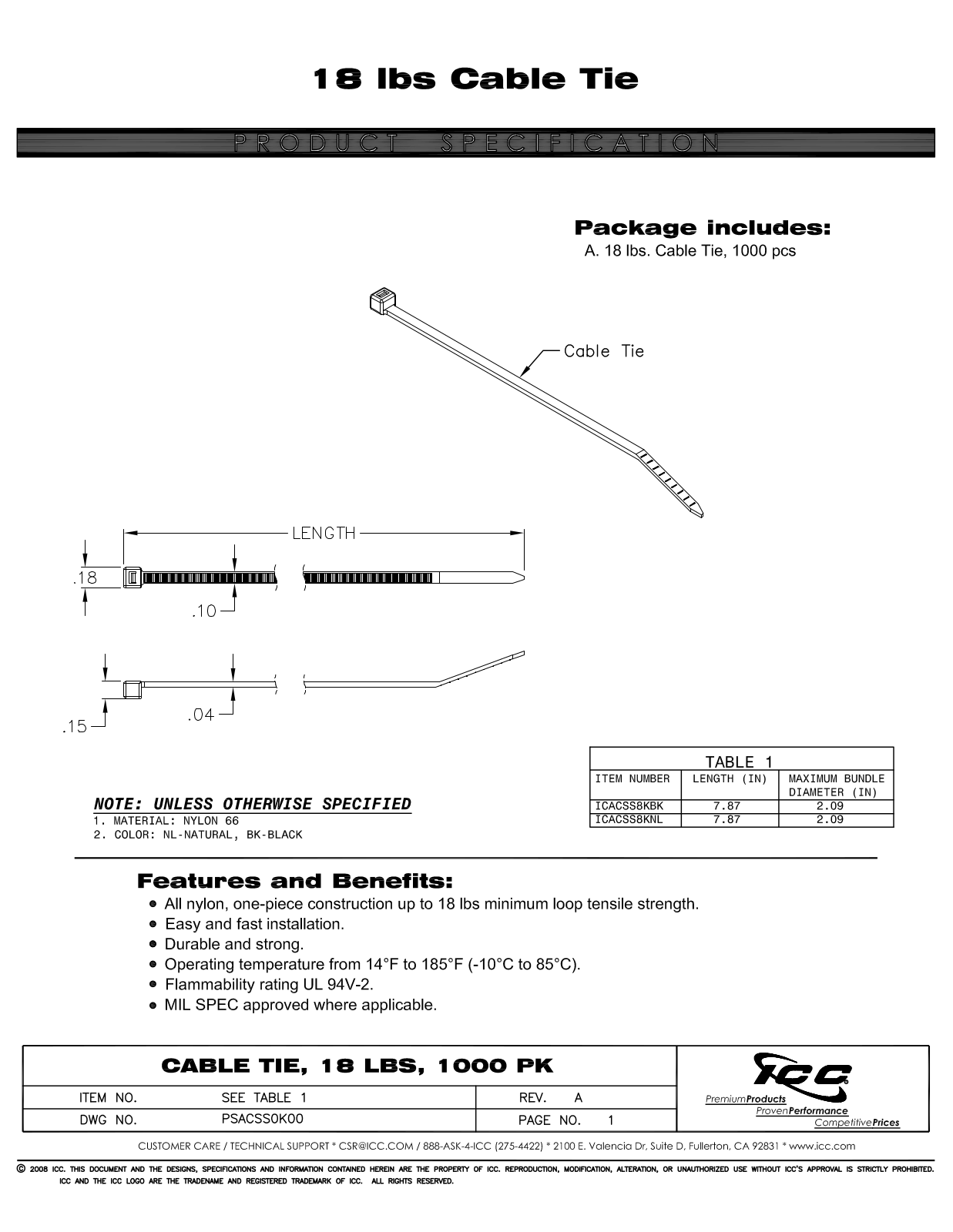 ICC ICACSS8KNL Specsheet