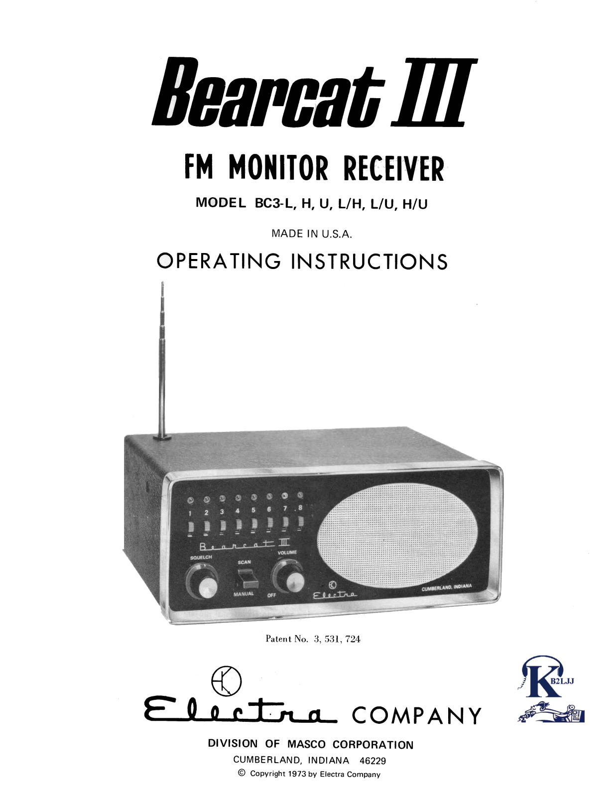 Electra Bearcat BC3-L, Bearcat BC3-H, Bearcat BC3-L/U, Bearcat BC3-H/U, Bearcat BC3-U Operating Instructions Manual - ManualMachine.com