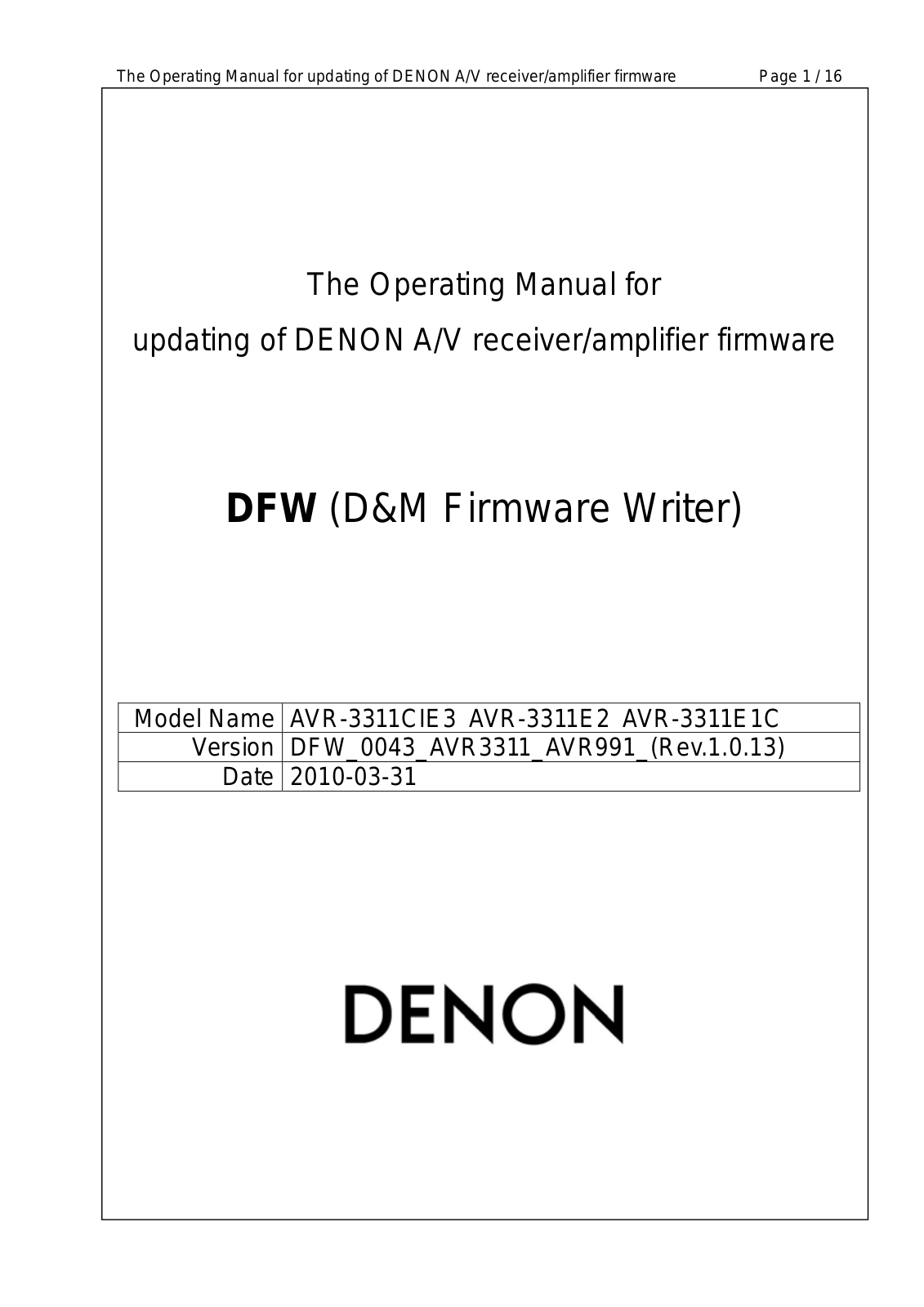 Denon DFW 0043, AVR-3311 Service Manual