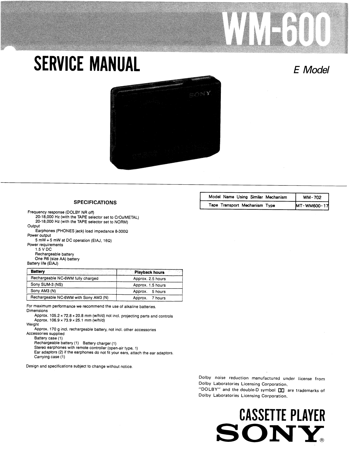 Sony WM-600 Service manual