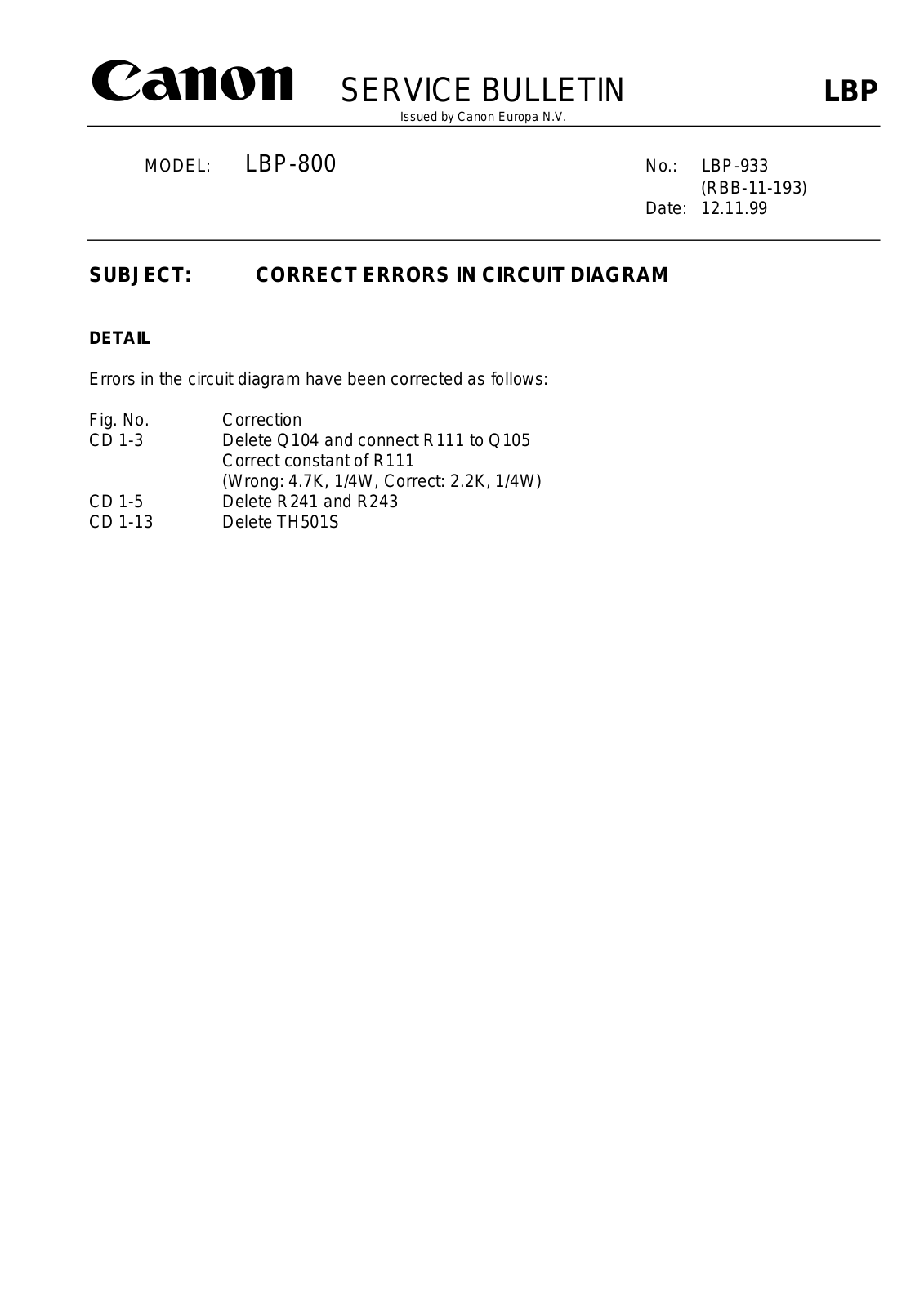 CANON lbp-933 SERVICE BULLETIN