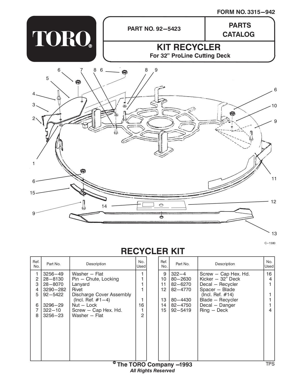 Toro 92-5423 Parts Catalogue