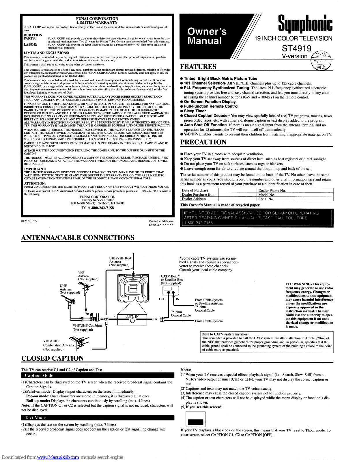 Symphonic ST4919 V-Version Owner's Manual