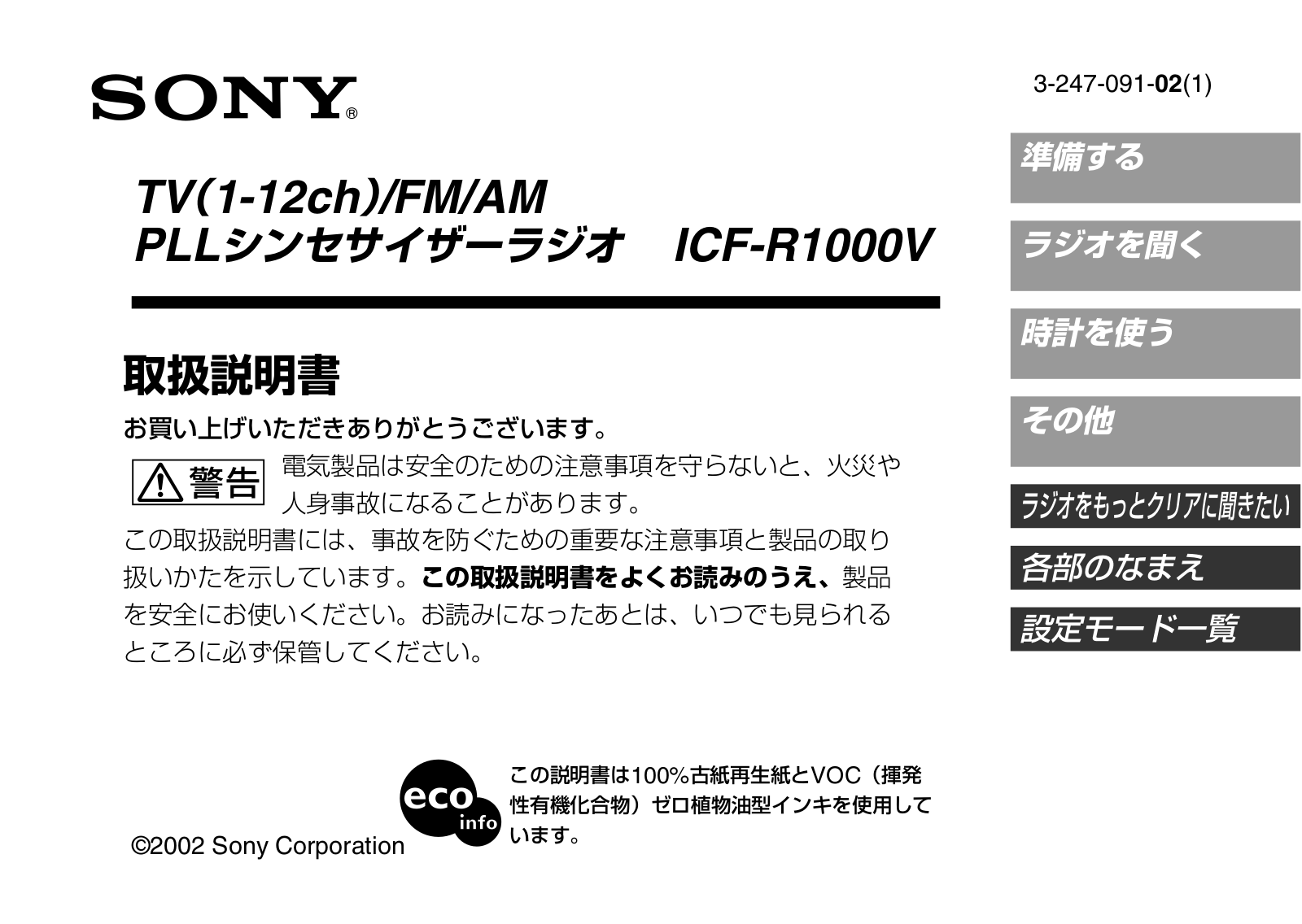Sony ICF-R1000V User Manual