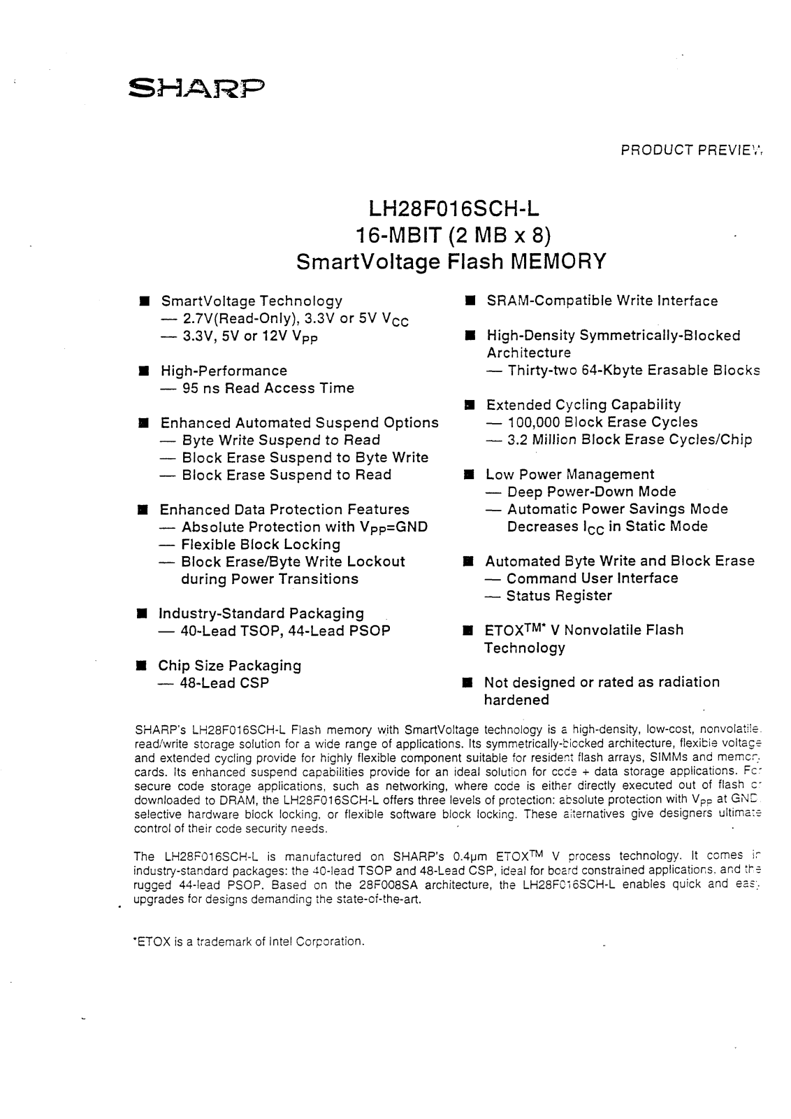 Sharp LH28F016SCHN-L170, LH28F016SCHN-L12, LH28F016SCHT-L170, LH28F016SCHT-L12, LH28F016SCHB-L170 Datasheet