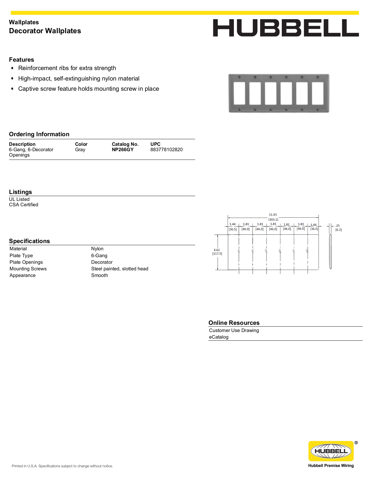 Hubbell NP266GY Specifications