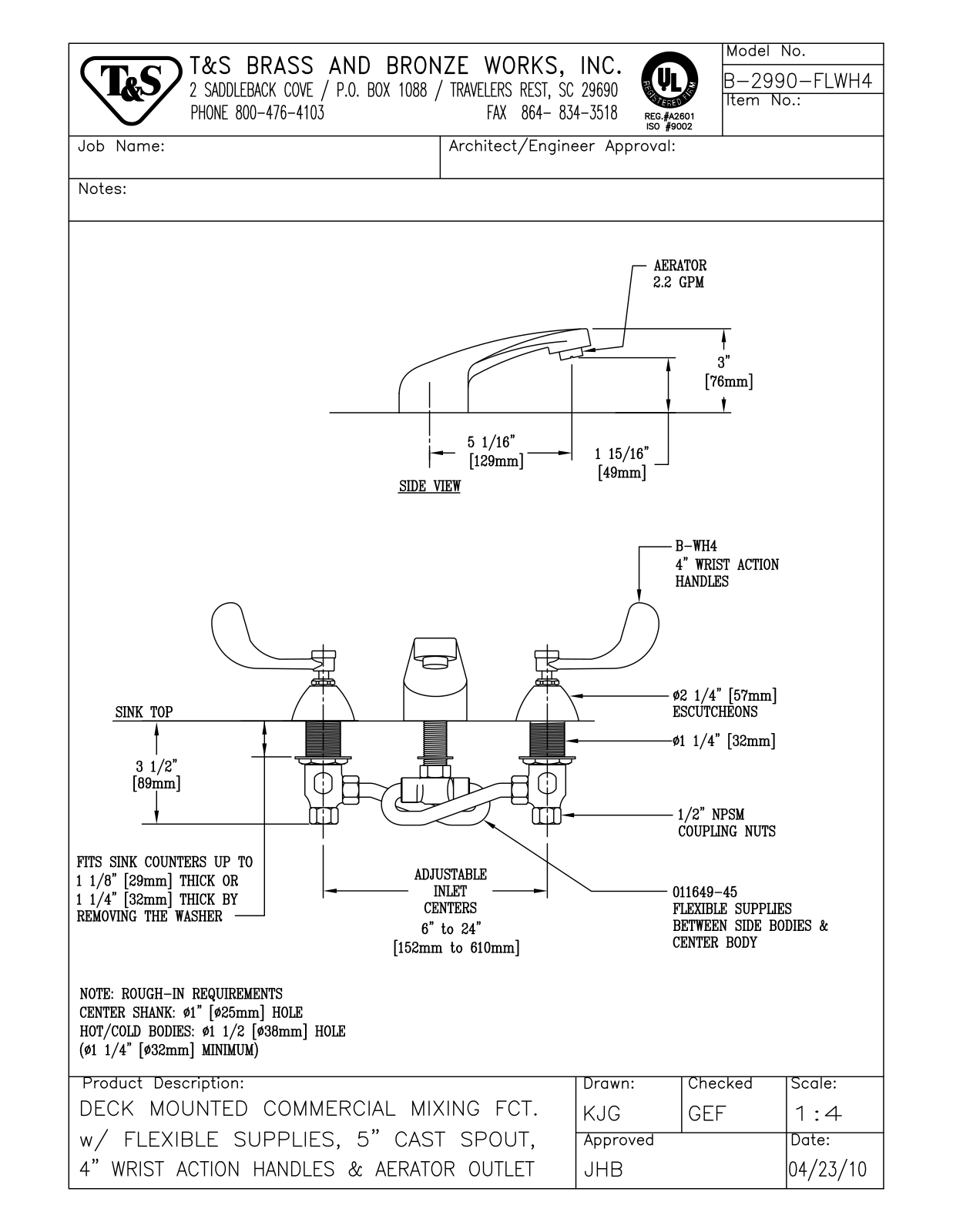 T&S Brass B-2990-FLWH4 User Manual