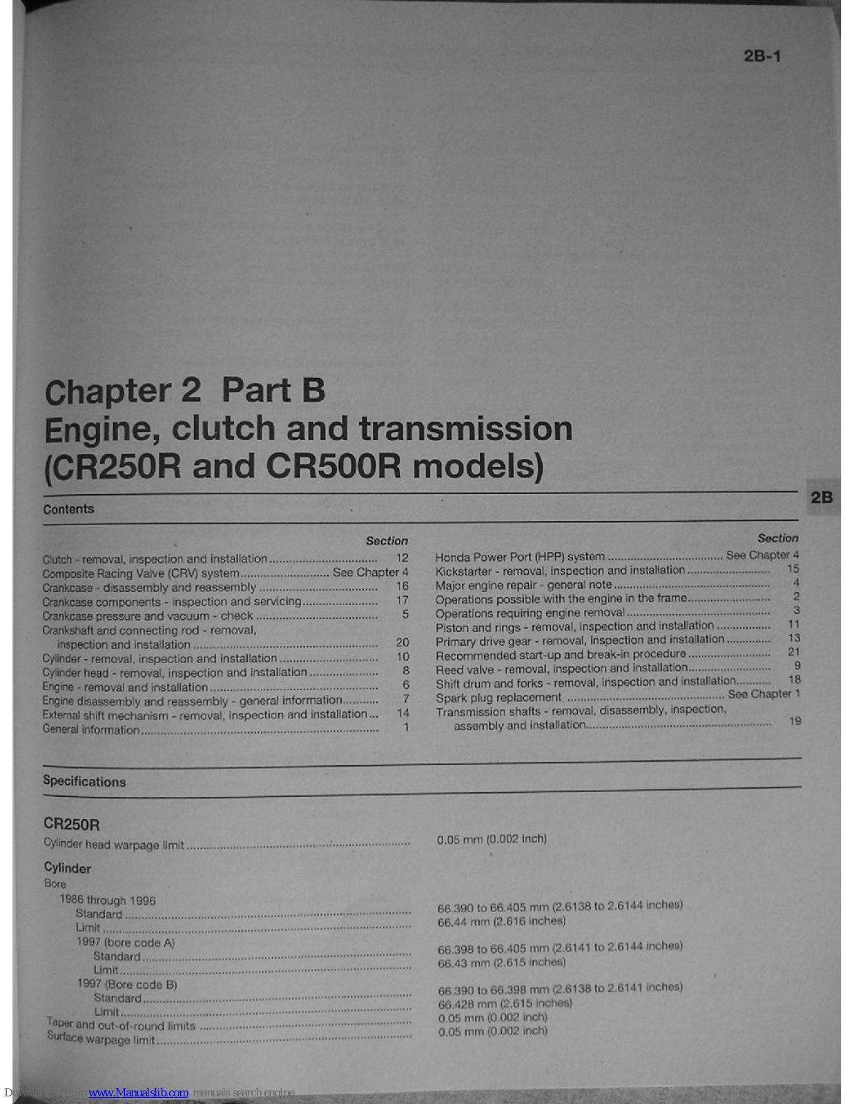 Honda CR500R, CR250R Engine, clutch and transmission Service Manual