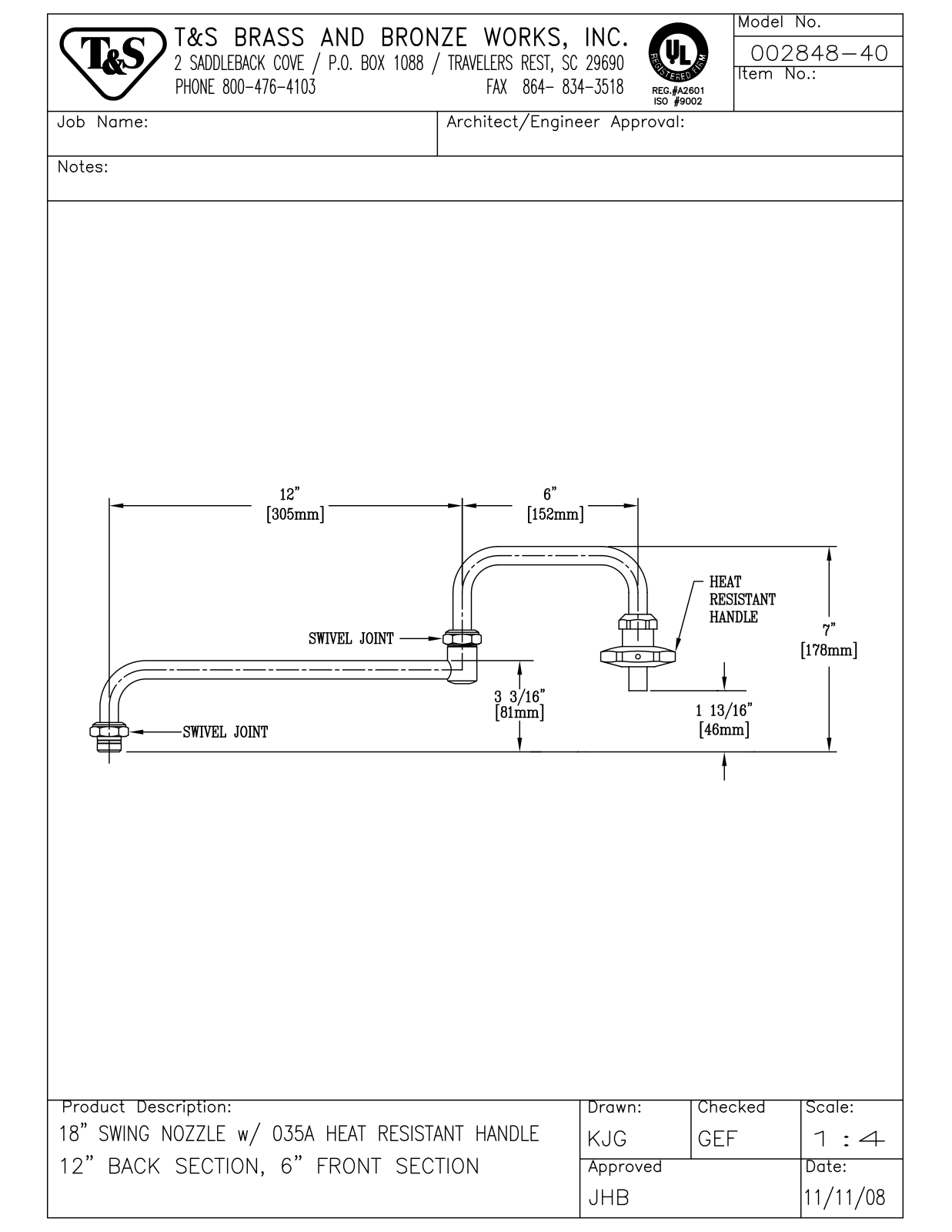 T & S Brass & Bronze Works 002848-40 General Manual