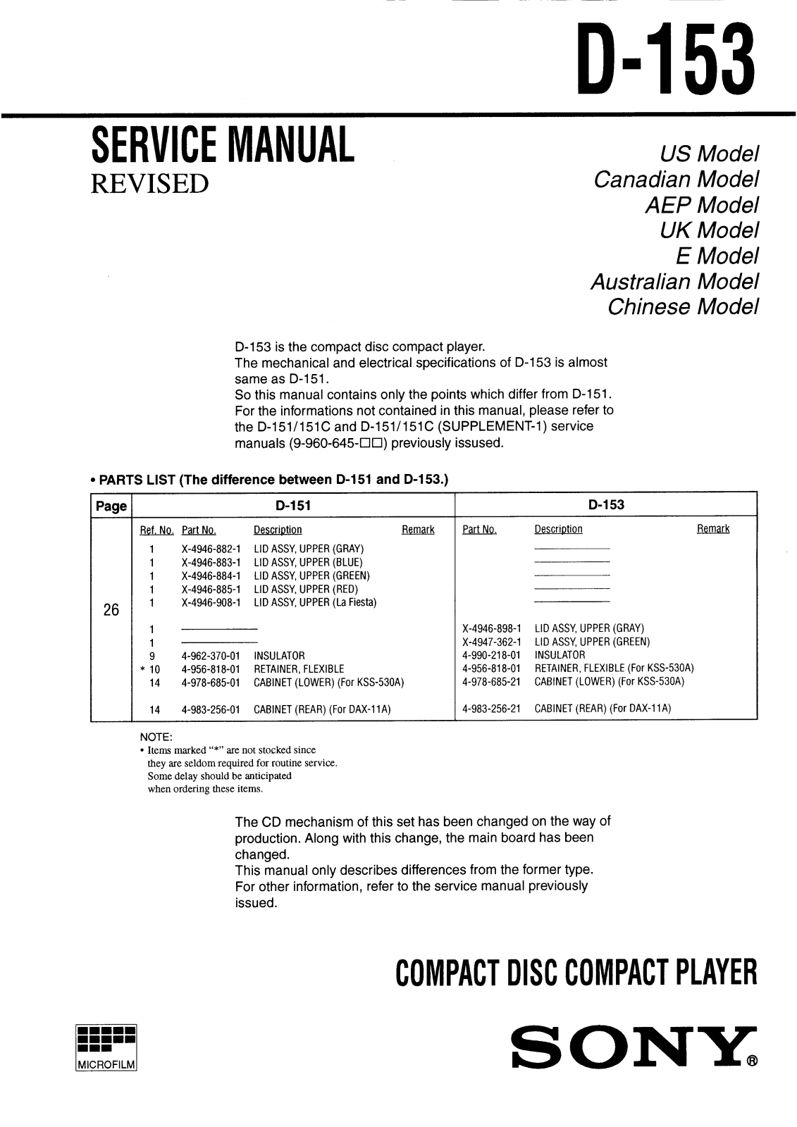 Sony D-153 Service Manual