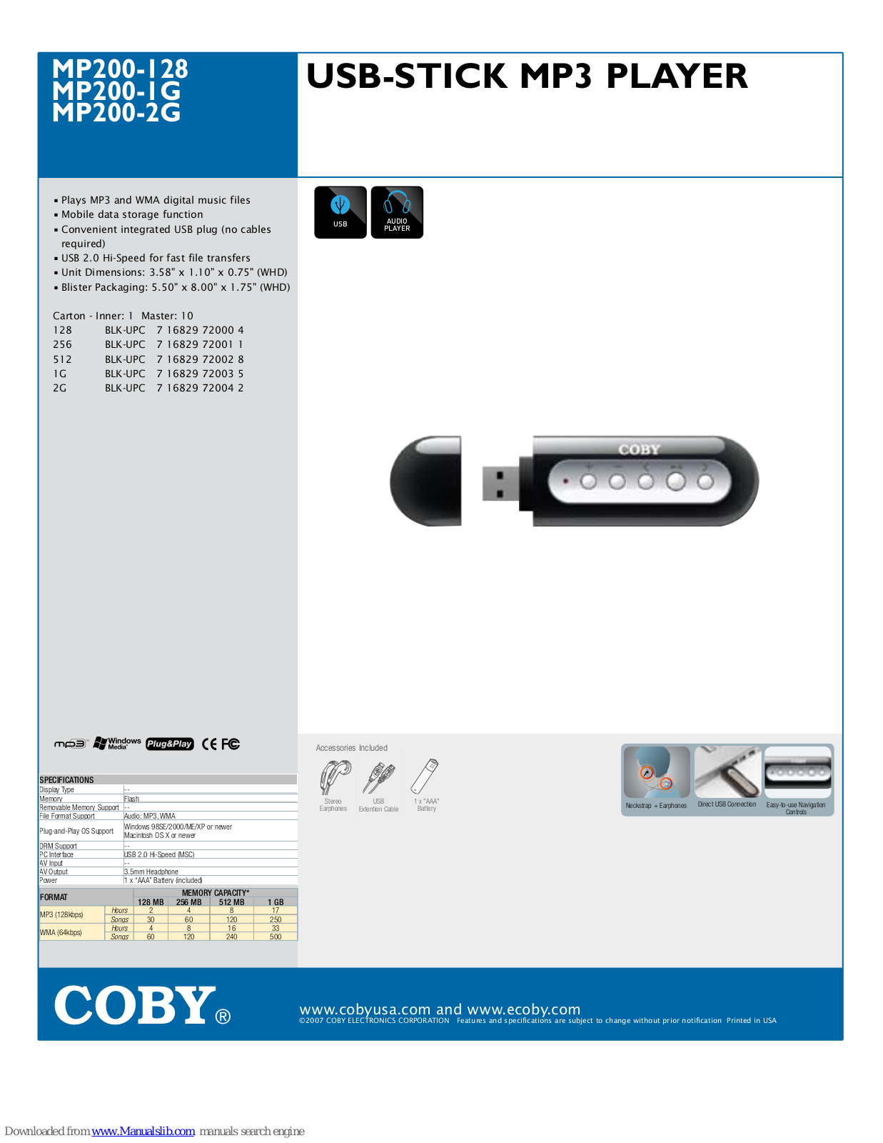 Coby MP200-128, MP200-1G, MP200-2G, MP-200 128MB, MP-200 1GB Specifications