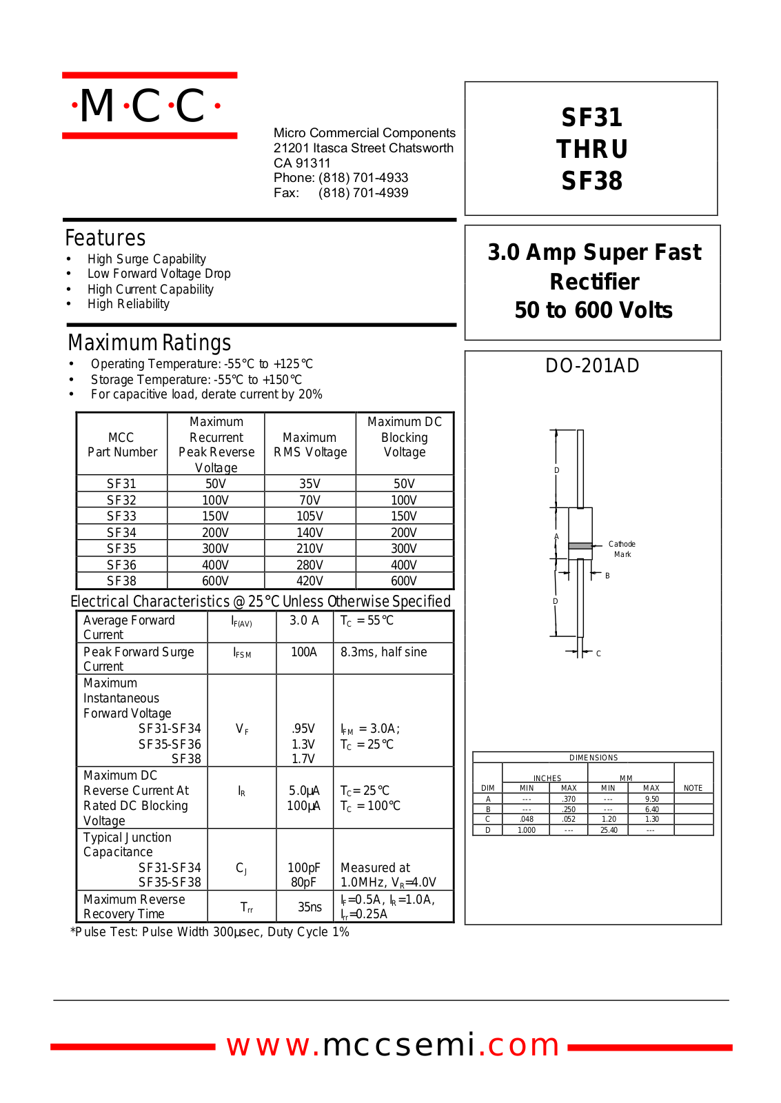 MCC SF31, SF33, SF32, SF34, SF36 Datasheet