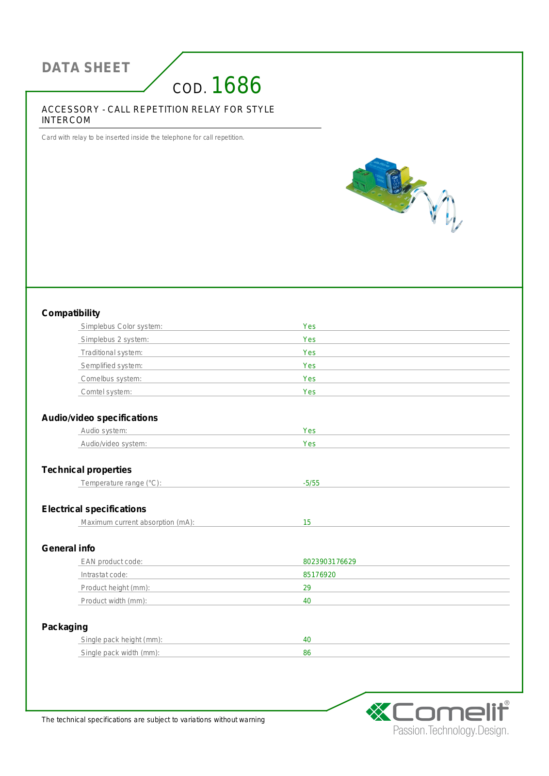 Comelit 1686 Specsheet