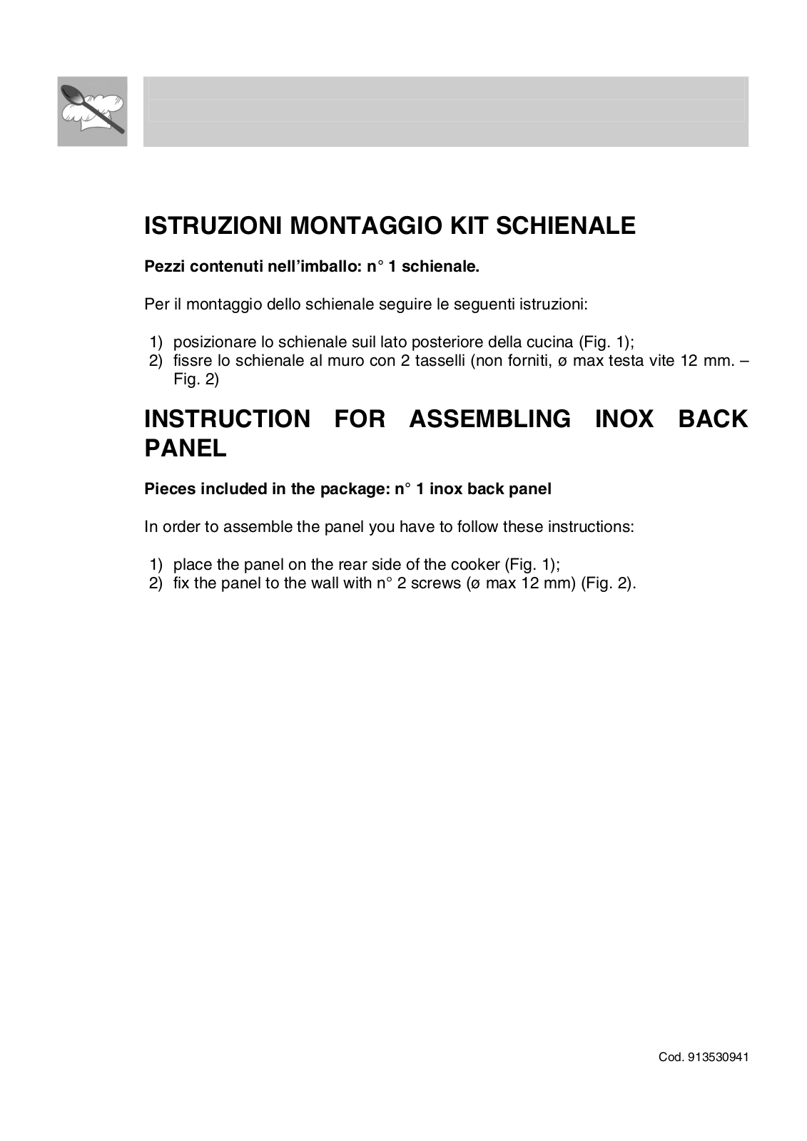 Smeg KIT1A2SE6, KIT1A1C6, KIT1CSP20, KIT1A1SE6, KIT1CSP19 Installation notes