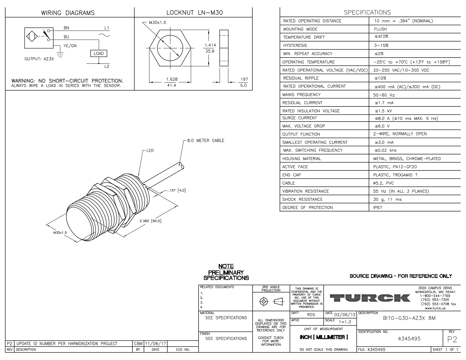 Turck BI10-G30-AZ3X8M Data Sheet