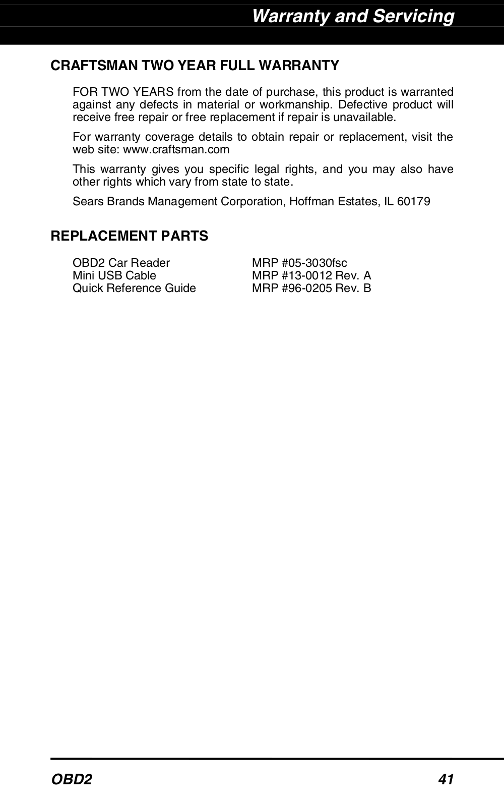 Craftsman CanOBD2 Car Reader Manufacturer's Warranty