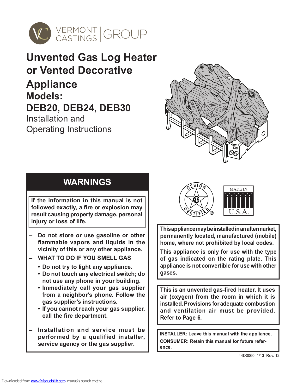 Vermont Castings DEB20, DEB24, DEB30, DEB20NM, DEB20PM Installation And Operating Instructions Manual