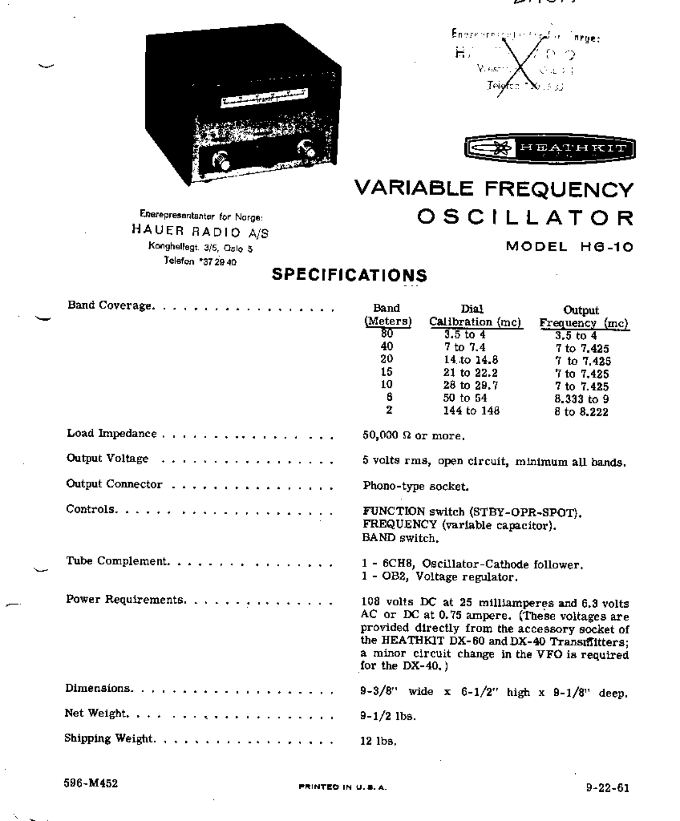 Heath Company HG-10-VFO Schematic