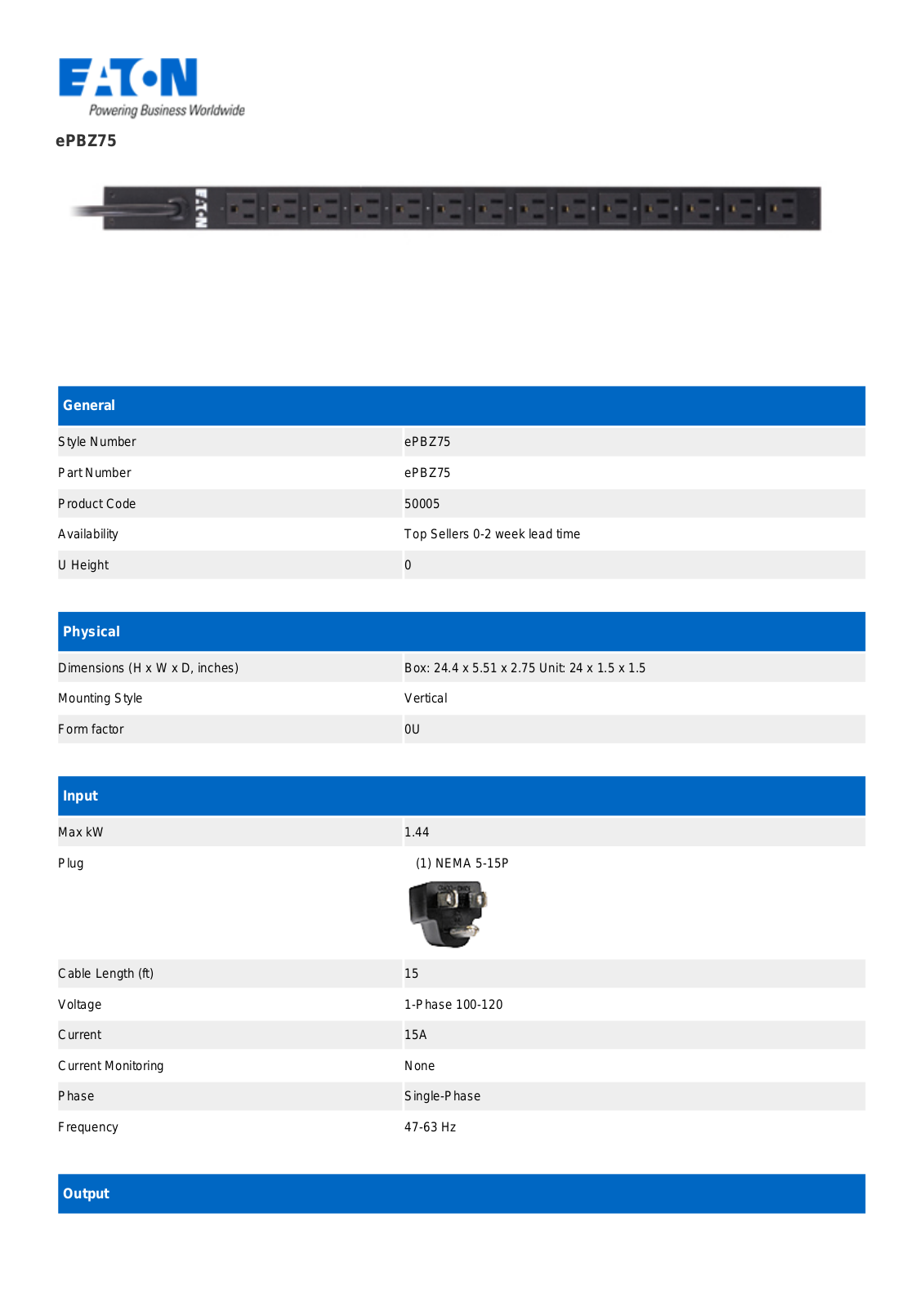 Eaton Benches By Wright Line EPBZ75 Data Sheet