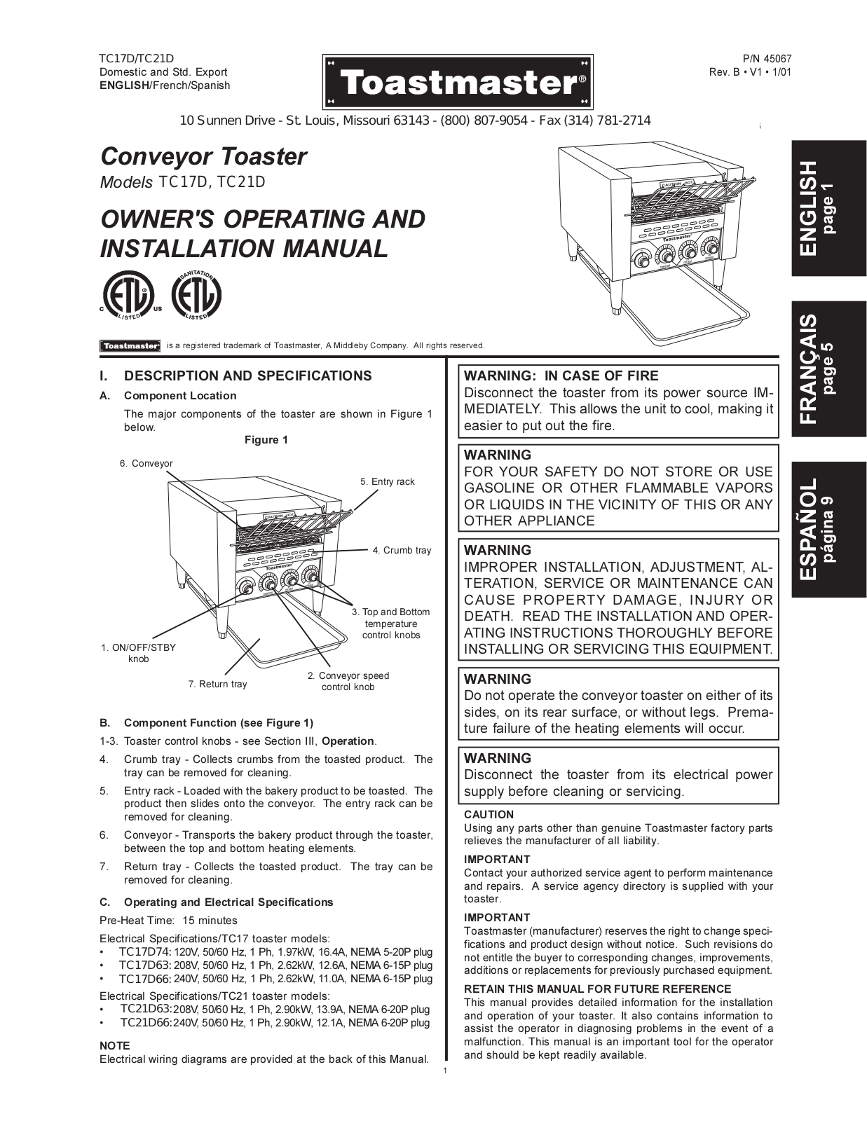 Toastmaster TC17D, TC21D Operation Manual