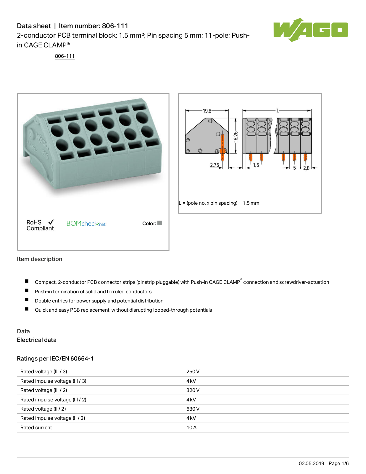 Wago 806-111 Data Sheet