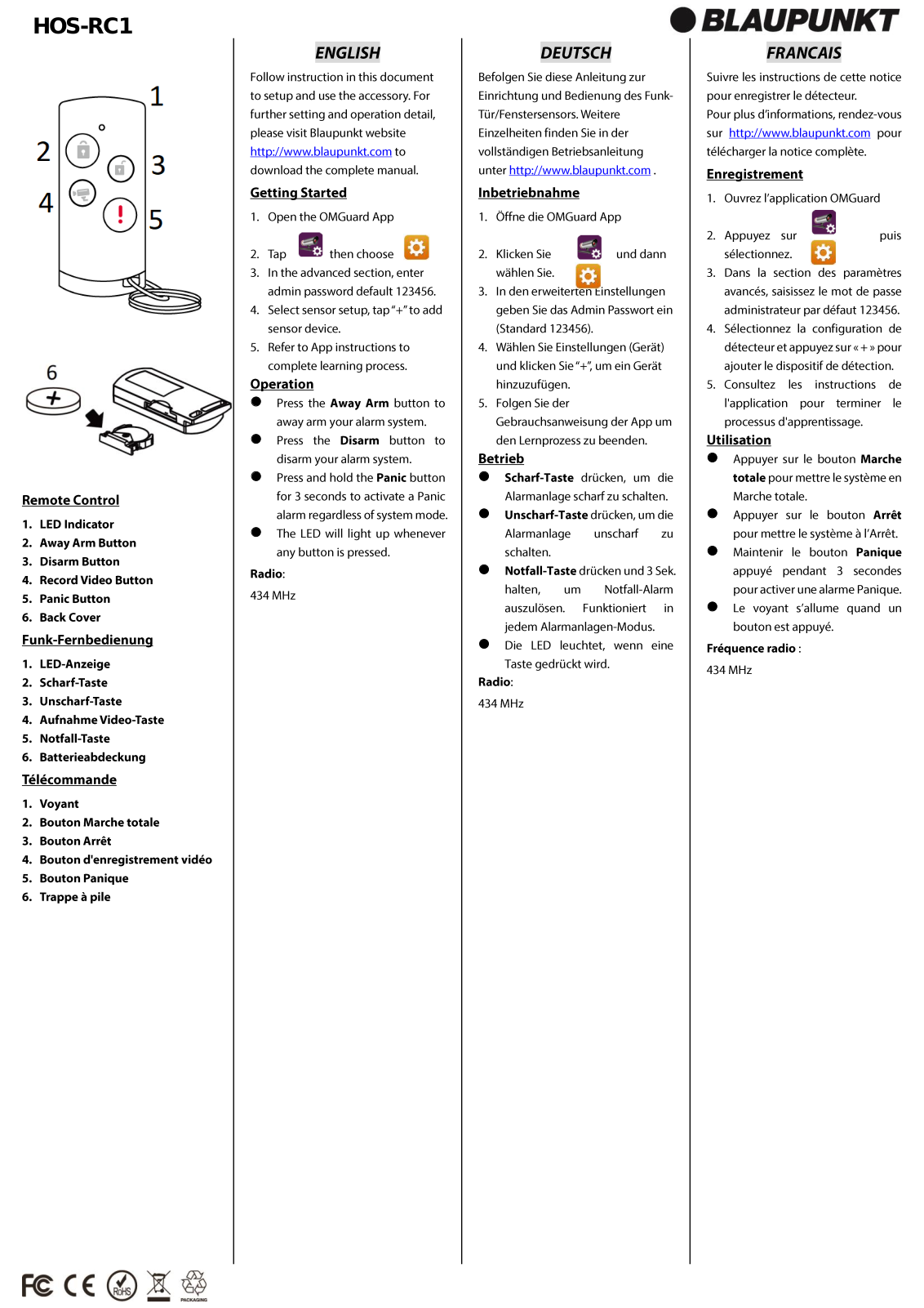 Blaupunkt HOS-RC1 Operating Instructions