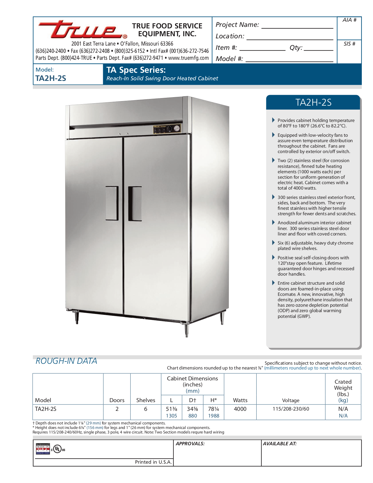 True TA2H-2S User Manual