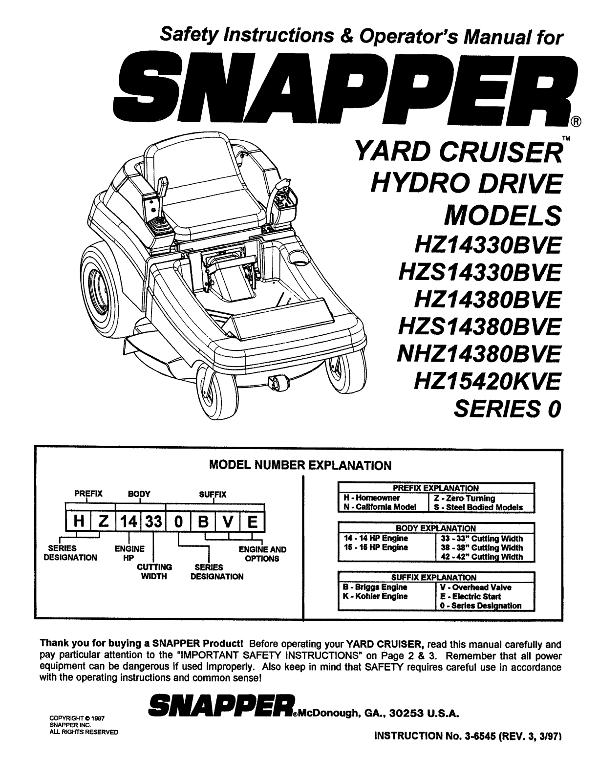 Snapper HZ14330BVE User Manual