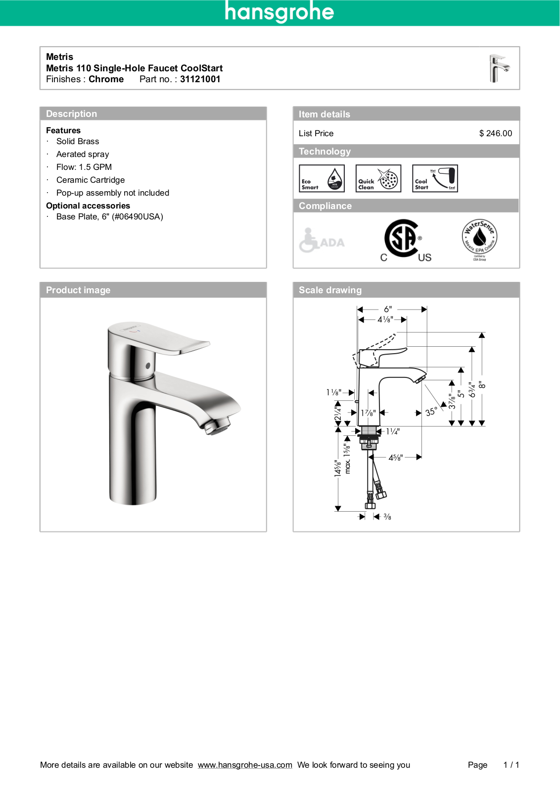 Hansgrohe 31121001 Specs