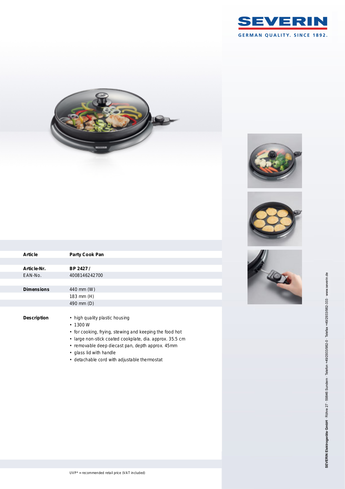 Severin BP 2427, PARTY COOK PAN User Manual