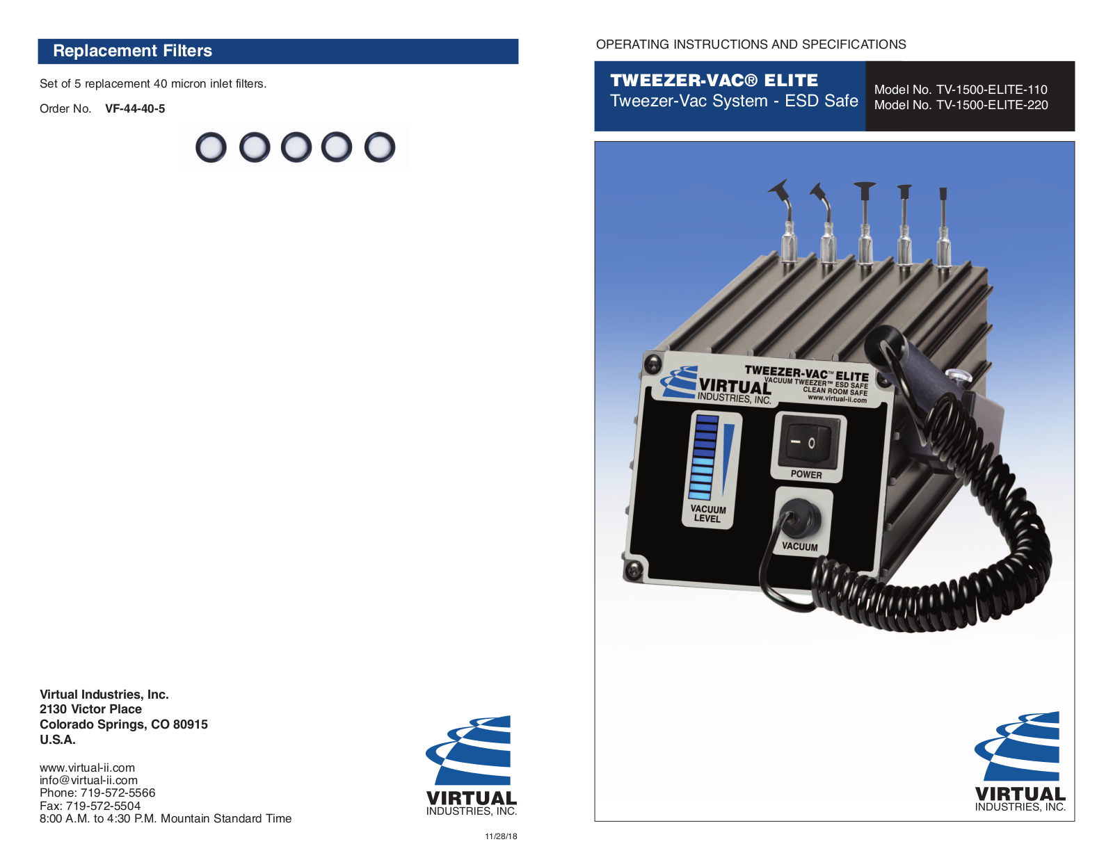 Virtual industries TWEEZER-VAC ELITE, TV-1500-ELITE-110, TV-1500-ELITE-220 Operating Instructions And Specification