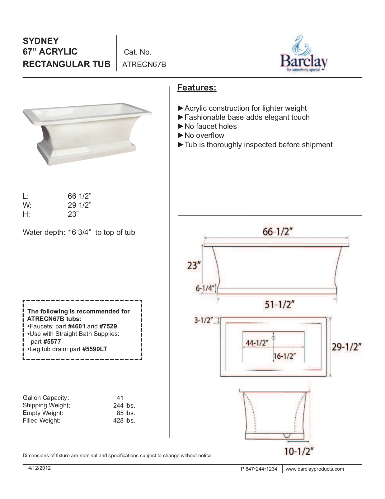 Barclay ATRECN67BWH Specifications