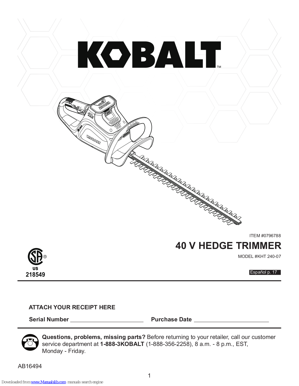 Kobalt KHT 240-07 Instructions Manual