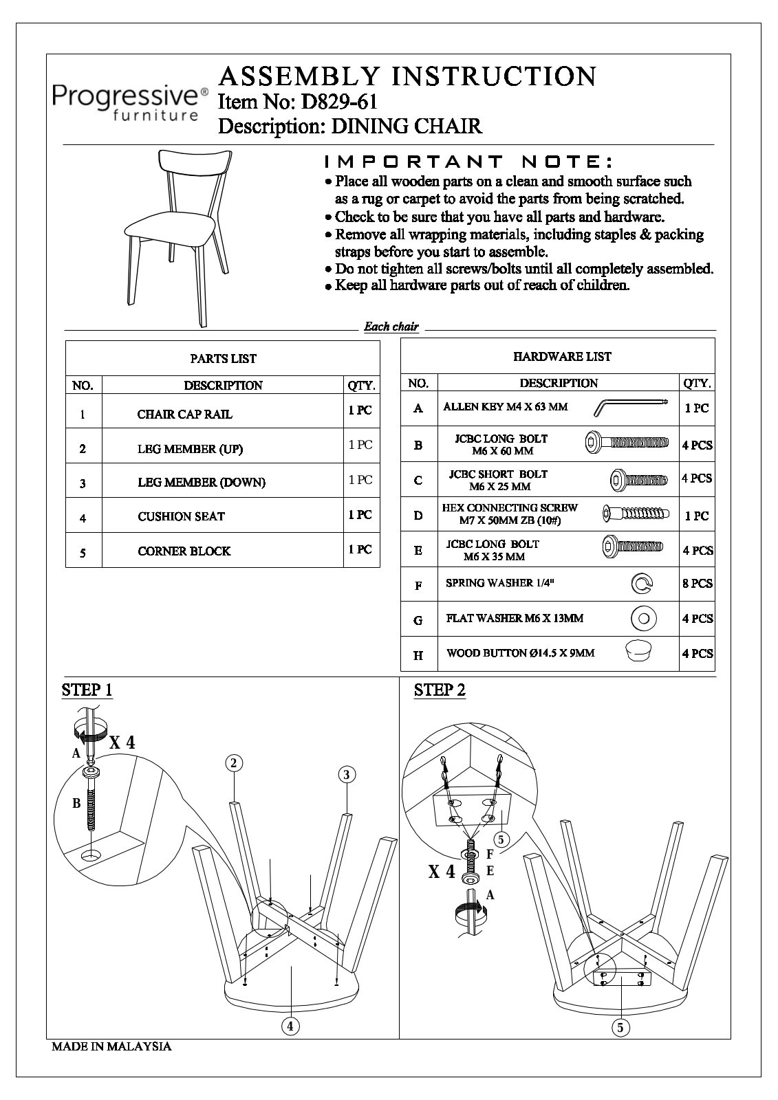 Progressive Furniture D82961 Assembly Guide