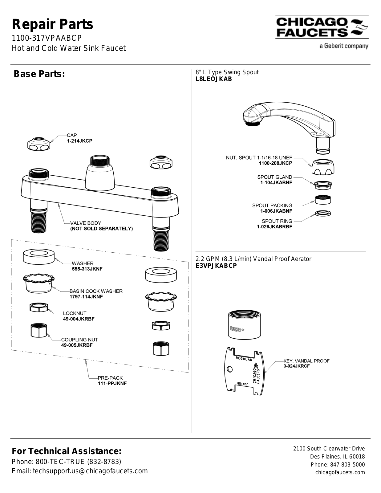 Chicago Faucet 1100-317VPAABCP Parts List