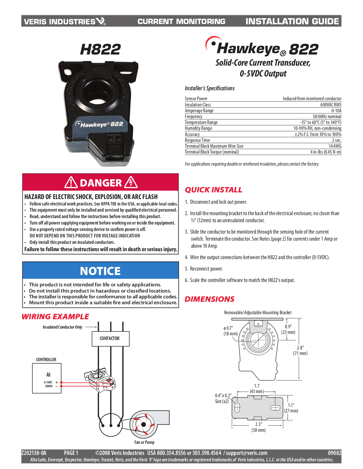 Veris H822 Installation Instructions